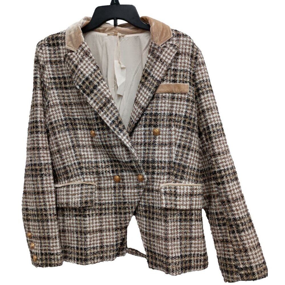 Mystree Blazer Jacket Womens‎ Medium Plaid Tweed Shimmer Double Breasted Office
